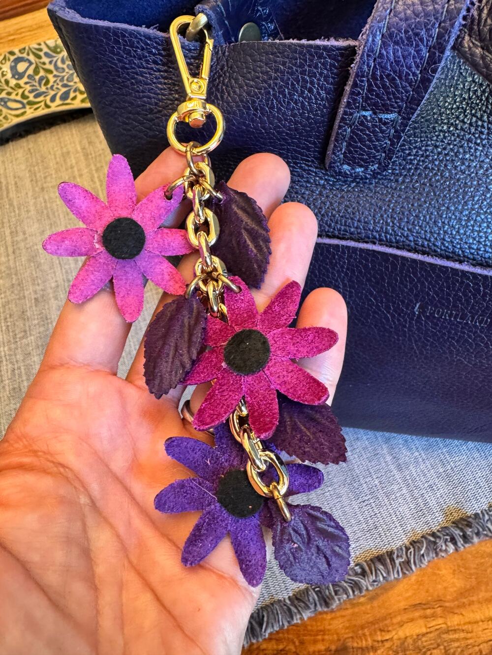 Purple Pink Flower Bag Charm Genuine Leather Purse Charm Flower Charms NEW!